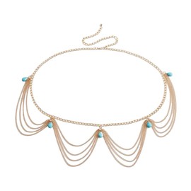 Bohemian Waist Chain with Turquoise Charms for Women Vintage Multi-Layered Tassel Body Belts Chain Beach Bikini Dress Jewelry Accessories
