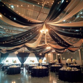 6 Panels Black Ceiling Drapes with Lights for Weddings Tent Draping 5ftx10ft Wedding Photo Backgrounds Sheer Curtains Tulle Ceiling Drapery Wedding Decorations for Party Ceremony Stage Swag