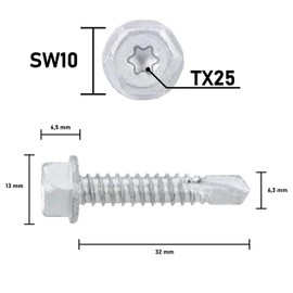 Hex Drilling Screw SW10+TX25 Zinc Filled Coating Underhead Locking Tooth, 6.3x32mm, Pack of 100