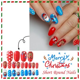Christmas Press on Nails Blue Red Short Square Fake Nails with Designs Cute Elk Santa Claus False Nail Press ons Xmas Lights Stick on Nail Full Cover Winter Glue on Nails for Women Manicure 24 Pcs