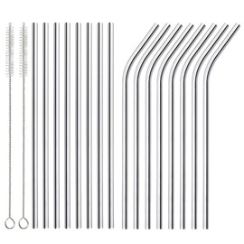 Stainless Steel Straws 16 Pcs, Reusable Metal Drinking Straws for Smoothie, Milkshake, Cocktail and Hot Drinks(8 Pcs Straight +8Pcs Curved +2Pcs Straw Brushes)