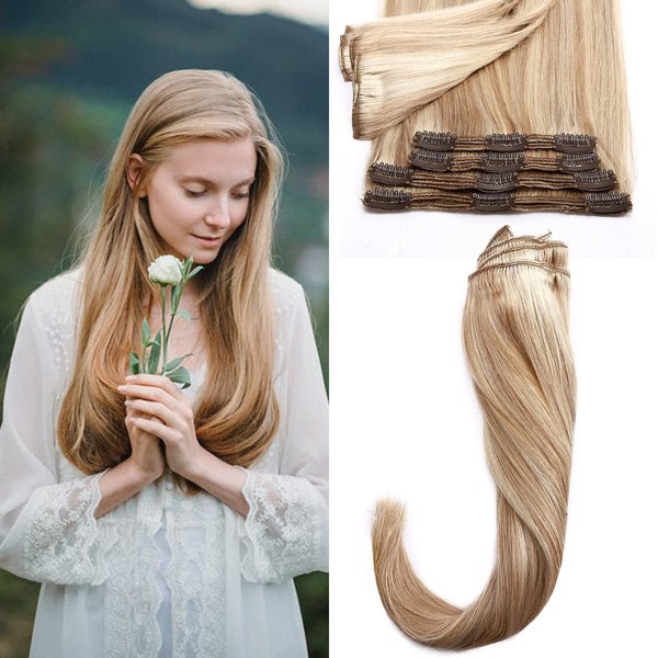 Silk-co Clip-In Extensions, 18 Clips, 8 Wefts, Blonde Highlighted, Real Hair Extensions, Clip-In Extensions, Real Hair, Remy Real Hair Extensions, 140 g, 18P613# Grey Blonde and Bleach Blonde