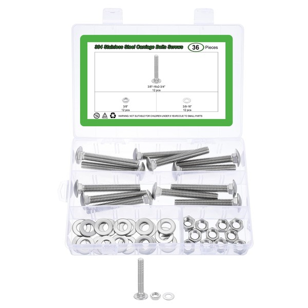 uxcell 12 Set Carriage Bolts and Nuts Kit, 3/8"-16x2-3/4 Stainless