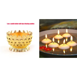 Lotus Flower Votive Tealight Candle Holder,Copper Buddhist Candlestick Holder,Tibetan Buddhist Water Offering Cup,Oil Lamp Holder for Meditation Buddha Altar with 4PCS Floating Canldes (Gold)