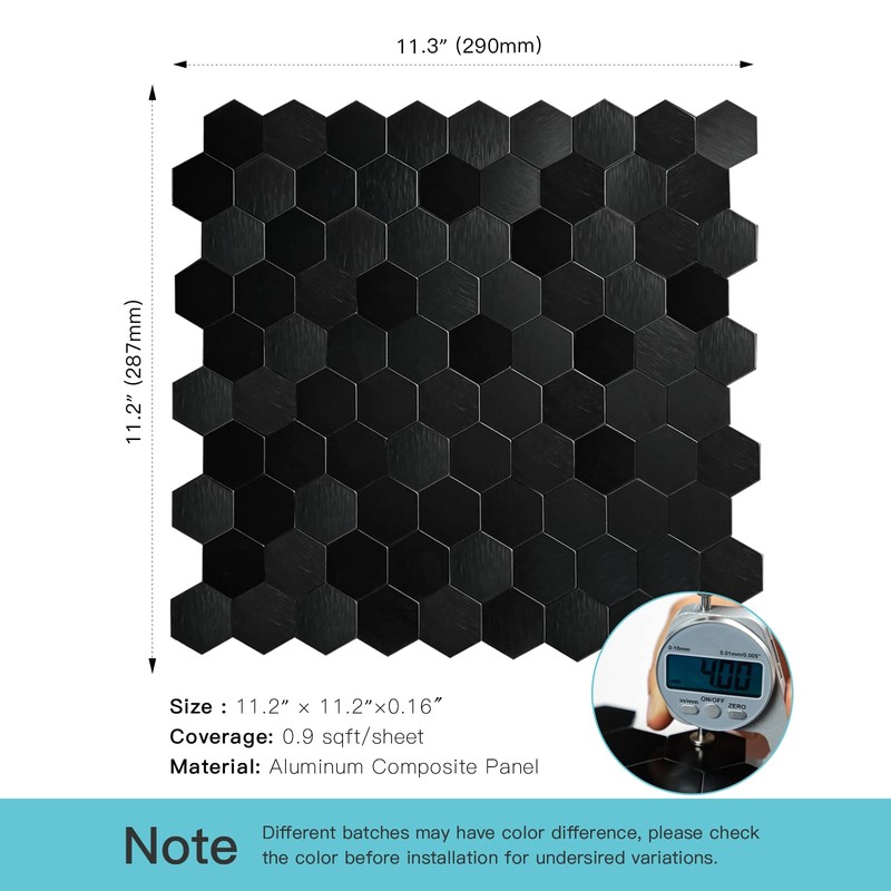 Miscasa 12-Sheet Peel and Stick Backsplash Tile, Hexagon Black Brushed