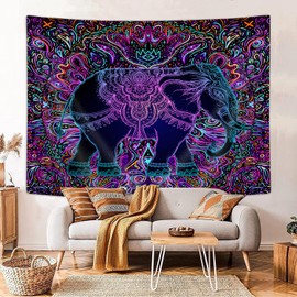 Ptrxobj Mandala Elephant Tapestry, Trippy Purple Bohemian Boho Animal Indian Tapestry Wall Hanging for Bedroom, Hippie Tapestries Poster Blanket College Dorm Home Decor 60X40inches