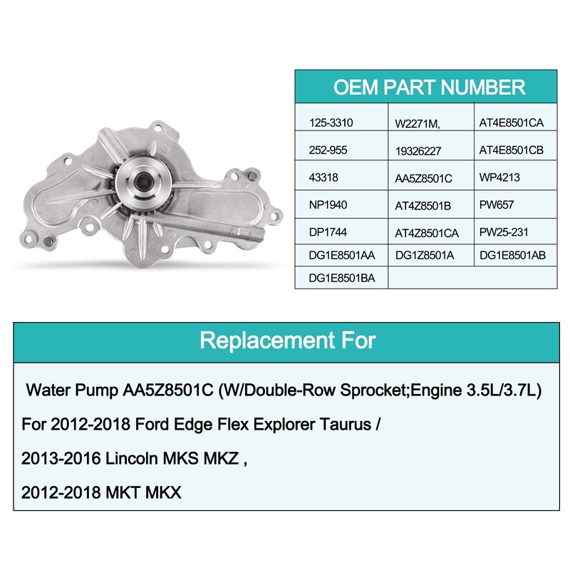 AULINK AW6348 Water Pump (W/Double-Row Sprocket;Engine 3.5L 3.7L) For 2011-2019