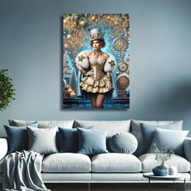 PUREVACY Winter Steampunk Princess Wall Art. Canvas Artwork for Living Room, Bedroom, or Office. Gold & Blue Artwork for Above Bed style Horizontal size 50x50 cm / 20x20″