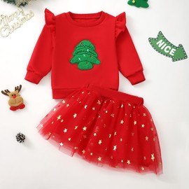FIOMVA Toddler Girl Christmas Outfit Costume Santa Baby Sweatshirt SweaterTop+Tulle Tutu Skirts KIds Little Girl Dress Xmas Clothes (Red Christmas Tree, 2-3T)