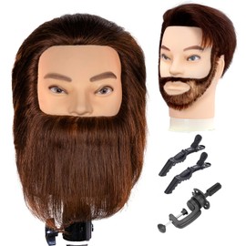 Male Mannequin Head with Human Hair 12'' Barber Mannequin Head 100% Training Head for Hair Cutting Styling Practice Head for Hairdresser with Clamp Stand(Brown Beard)