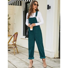 Flygo Corduroy Overalls for Women Loose Fit Adjustable Straps Long Bib Pants Wide Leg Jumpsuits with Pockets(Green-M)