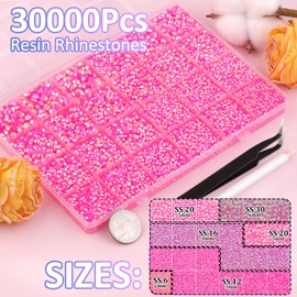 30000Pcs Hot Pink AB Rhinestones for Bedazzling with B7000 Jewelry Glue, Bedazzler Kit Bulk Flatback Gems, Resin Rhinestones for Crafting Crafts Clothing Shoes Nail Art Assorted Size 2/3/4/5/6mm
