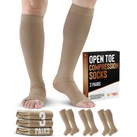 Doctor's Select 3 Pairs Copper Toeless Compression Socks Women & Men - 20-30 mmHg Open Toe Knee High, Nude Compression Socks, Compression Socks for Women Nude, Tan