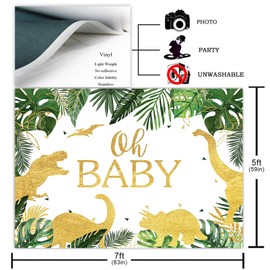 Avezano Oh Baby Dinosaur Backdrop for Boy Dinosaur Theme Baby Shower Party Decoration Green Leaves Gold Dinosaur Dino Oh Baby Party Banner Photoshoot Photography Background (7x5ft)