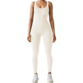 AURUZA Jumpsuit for Women Workout Seamless Jumpsuits Yoga Ribbed One Piece Tank Tops Rompers Sleeveless Exercise Jumpsuits Build in Bra, Beige, Medium