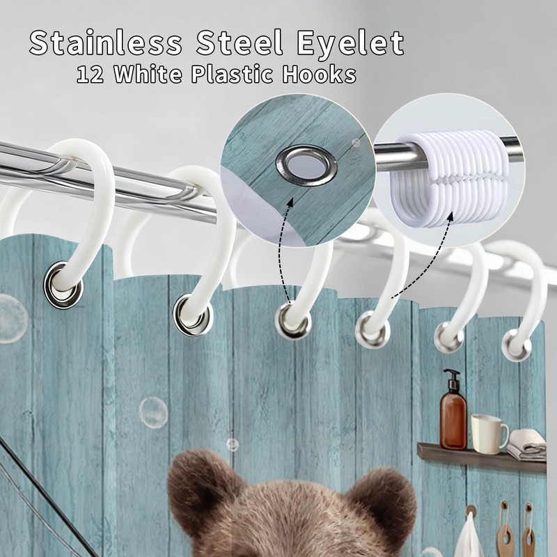 LeAquaNook Funny Bear Shower Curtain Teal Wildlife Animal Bathing in