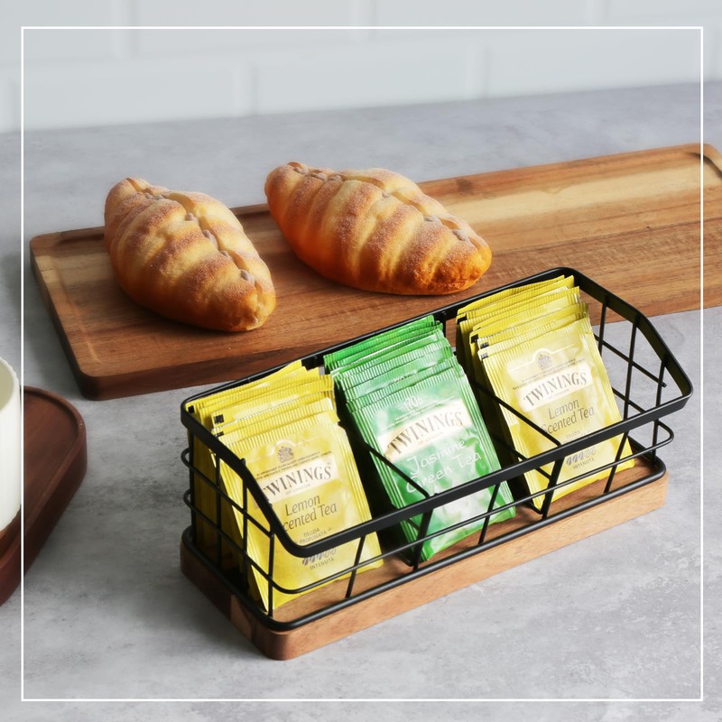 WILDMOS Tea Bag Organizer,Iron Wire Basket with Wooden Base.Tea Storage