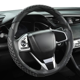 GIANT PANDA Leather Steering Wheel Cover, Car Accessories Interior, 3-Piece Steering Wheel Cover Universal for 99% Car, SUV, Truck (Diamond Quilt Grey)