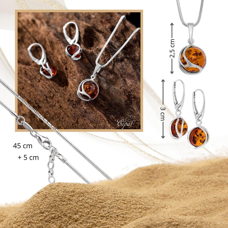 Womens Amber Jewelry Set With Adjustable Snake Chain And Spherical