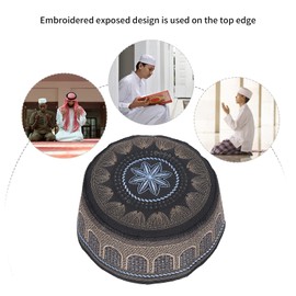 Hapivida Islamic Muslim Hat Black Embroidery Beanie Hat Men's Muslim Islamic Prayer Cotton Knitted Hat For Eid Ramadan Pray Eid Gift, black