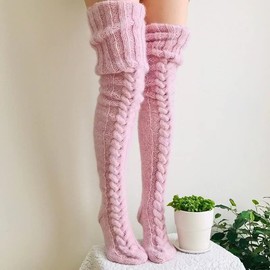 Women's Stockings, Knitted Overknee Socks, Thick Warm Over Knee Stockings, Traditional Stockings, Chunky Knit Winter Socks, Thermal Socks, Long Christmas Socks, Cuddly Socks for Women, pink