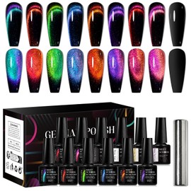 MEET ACROSS 12D Cat Eye Gel Nail Polish Set, Colorful Holographic Cat Eye Glitter Gel Polish Blue Purple Green Nail Gel Polish Kit with Base Top Coat and Magnet Soak Off Nail Art Gel DIY Salon Gift