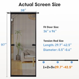 Godwk Hanging Screen Door - Fits Door Size 36" x 96" (Curtain Size 38'' x 97''), Sturdy Fiberglass Door Curtain Has Tension Rod&Hook&Loop Two Ways of Use, Heavy Duty Durable Door Screen