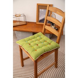 vctops Cotton Linen Chair Cushion Square Chair Pads with Ties Colorful Pompom Non Slip Seat Cushions for Indoor Dining Room and Kitchen Chairs (Green,1 Count)