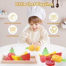 Zourglow Children's Kitchen Accessories Wood, Montessori Toy from 3+ Years, Kitchen Toy Cutting Fruit Food Wood for Girls Boys Role Play Educational Toy for Children