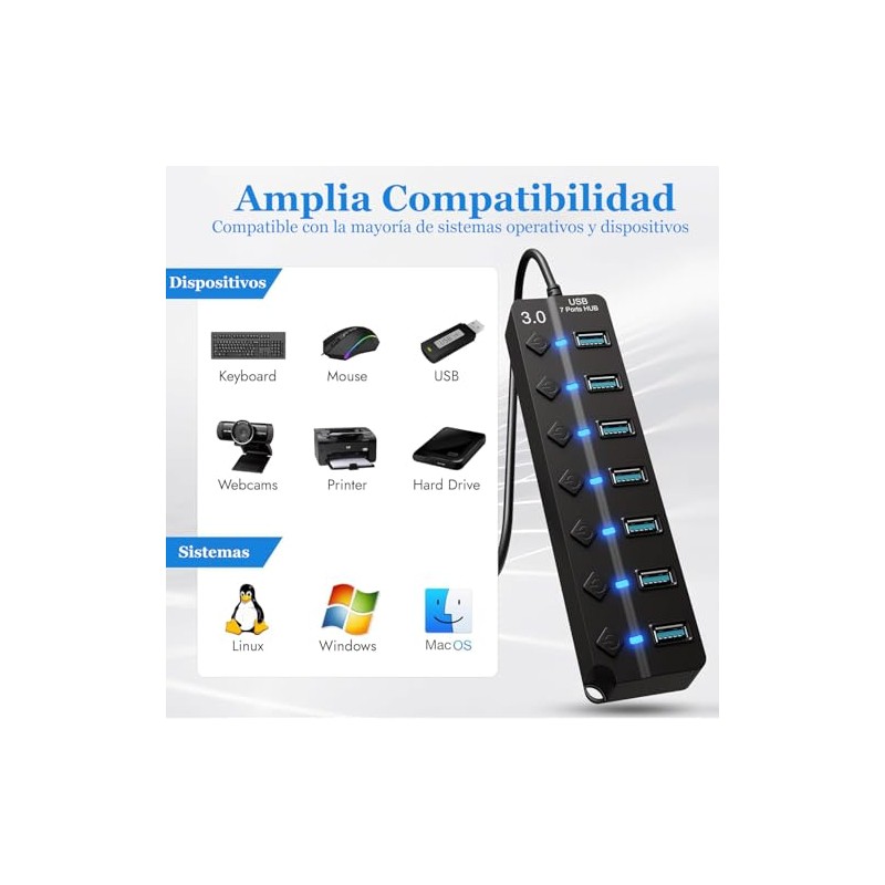 Hub USB 3.0 Splitter,7 Puertos Multi USB 3.0 Hub Splitter