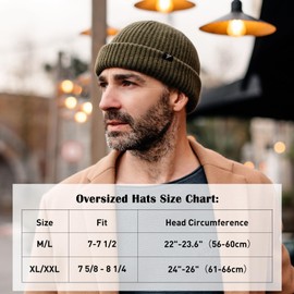 Grey Oversized XL/XXL Winter Short Fisherman Beanie Merino Wool Blend Knit Skull Cap Warm Hat for Large Big Head Mens Womens Cold Weather
