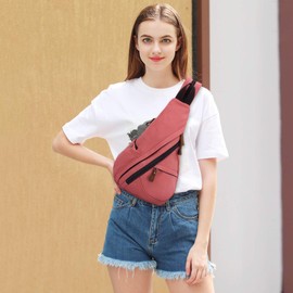 FANDARE Unisex Sling Bag Canvas Crossbody Shoulder Backpack Boy Girl Chest Bag Casual Daypacks fit 9.7 inch Tablet Rucksack for Commute Cycling Hiking Travel Indoor Activities School Bag Rose Red