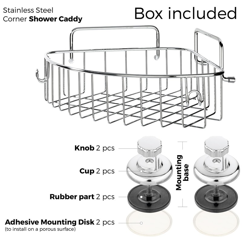 HASKO accessories Corner Shower Caddy with Suction Cups and 3M