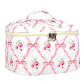 Makeup Bag Travel Toiletry Organizer,Large Quilted Cosmetic Bag for Women Make-up Bags Portable Cosmetic Brush Pouch Handle Zipper Storage Case,Bowknot Pink