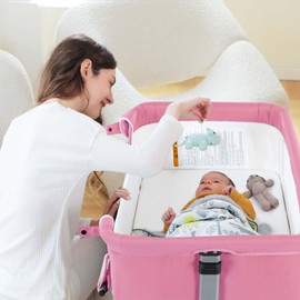 Ihoming Baby Bassinet Bedside Sleeper, Baby Bed Side Crib with Storage Basket, Easy Folding Bassinets, Adjustable Baby Bed for Infant Newborn, Pure Pink