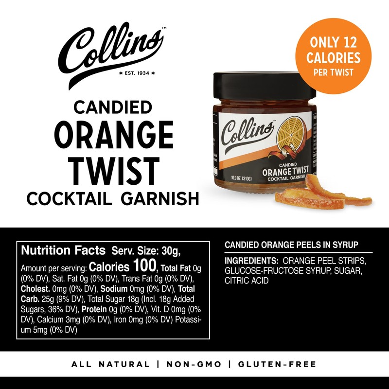 Collins Candied Fruit Orange Peel Twist in Syrup, Popular Cocktail