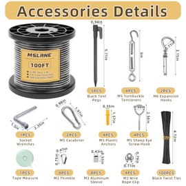 MSLANE 1/8" Black Wire Rope Kit 100FT 304 Stainless Steel Vinyl Coated with M5 Turnbuckles, 7x7 Strand Core Aircraft Cable for String Light, Picture Hanging, Clothesline, Curtain, and Plant Trellis