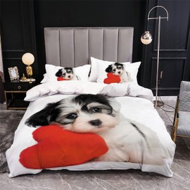 HOMHOMHA Dog Duvet Cover Set Double Size for Adults Bed 3D Printed Schnauzer with Red Heart White Background Duvet Cover Set Zipper Closure Puppy Bedspread Bedroom Bedding Set