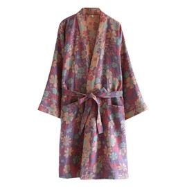 Cotton Double Gauze Traditional Hanfu Midi-length Nightdress Printing Tie-belt Bathrobe Loose Pajamas Comfortable Nightgown Sweat Steaming Yukata Sauna Suit Sleepwear Kimono for Women Large(Purple)