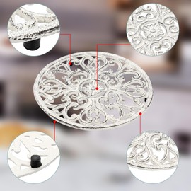 SUMTree 6.7’’ Retro Rusty Round Cast Iron Trivet, Decorative Heavy Duty Hot Pot Holder Mat, Vintage Pattern Cast Iron Trivet with Rubber Pegs for Kitchen Dining Table