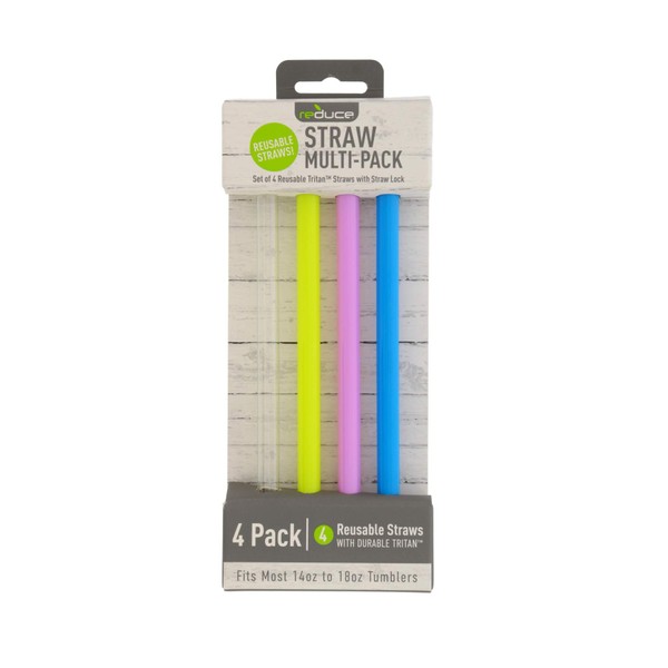 Reduce Reusable Straws Set of 4 - Hard Plastic Tritan Straws Fits Most 14-18 oz Drink Cups and Tumblers - Impact Resistant, BPA-Free, Dishwasher Safe - Ideal Drinking Straws for Home and Travel