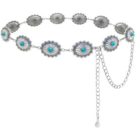 QIQILUXI Western Concho Belt for Women Silver Concho Chain Belt Cowgirl Metal Belt Western Chain Belt for Dress (Silver, 43inch(Fits waists 26-36''))