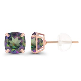 14K Rose Gold Plated Sterling Silver 6mm Cushion Mystic Green Quartz November Birthstone Genuine Stud Earrings For Women