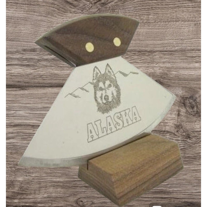 New Alaska Ulu Factory Walnut Wood Handle Knife Etched Wolf