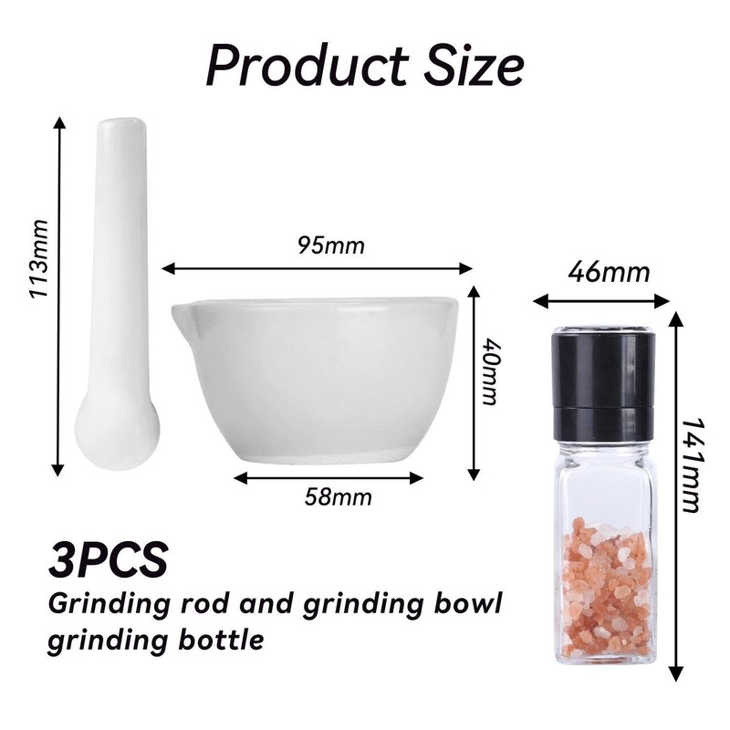 1 Grinding Bowl, 1 Grinding Bottle, Pepper Grinder, Garlic Masher,
