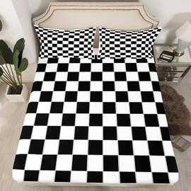 Grid Bed Sheets Black And White Checkered Bedding Farmhouse Buffalo Plaid Bed Sheet Set Twin For Kids Teens Adults,Geometric Gingham Checkerboard Fitted Sheet Deep Pocket + Top Sheet + 1 Pillowcase