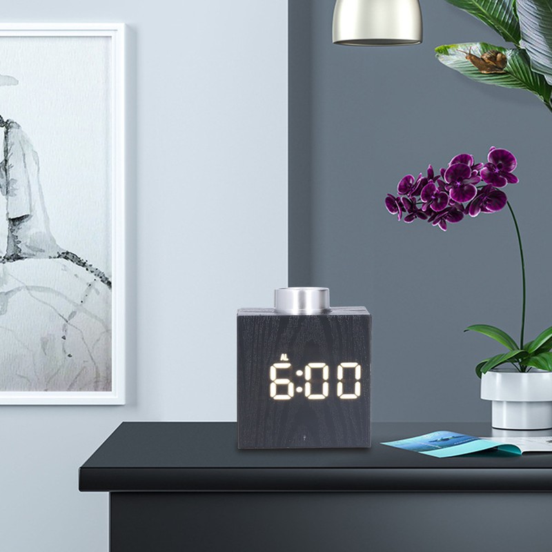 LED Knob Alarm Clock Digital Thermometer Display Imitation Wood Grain