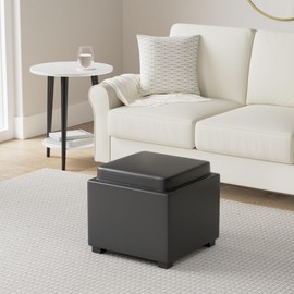CHITA Storage Ottoman Cube with Tray Lid, Small Square Footstool, End Table for Living Room, PU Leather in Black