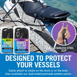 2-Pack Black Bungee Dock Lines with Clip, Marine Grade Boat Rope, Jet Ski or PWC Mooring Ties, Boating Accessories for Boats