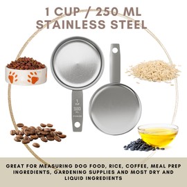 1 Cup Stainless Steel Measuring Cup | Sturdy Metal 250 ml | 240 cc | 8 oz | Single Cup for Wet and Dry Ingredients | Great for use as 1 Cup Dog Food Scoop - 1 PK